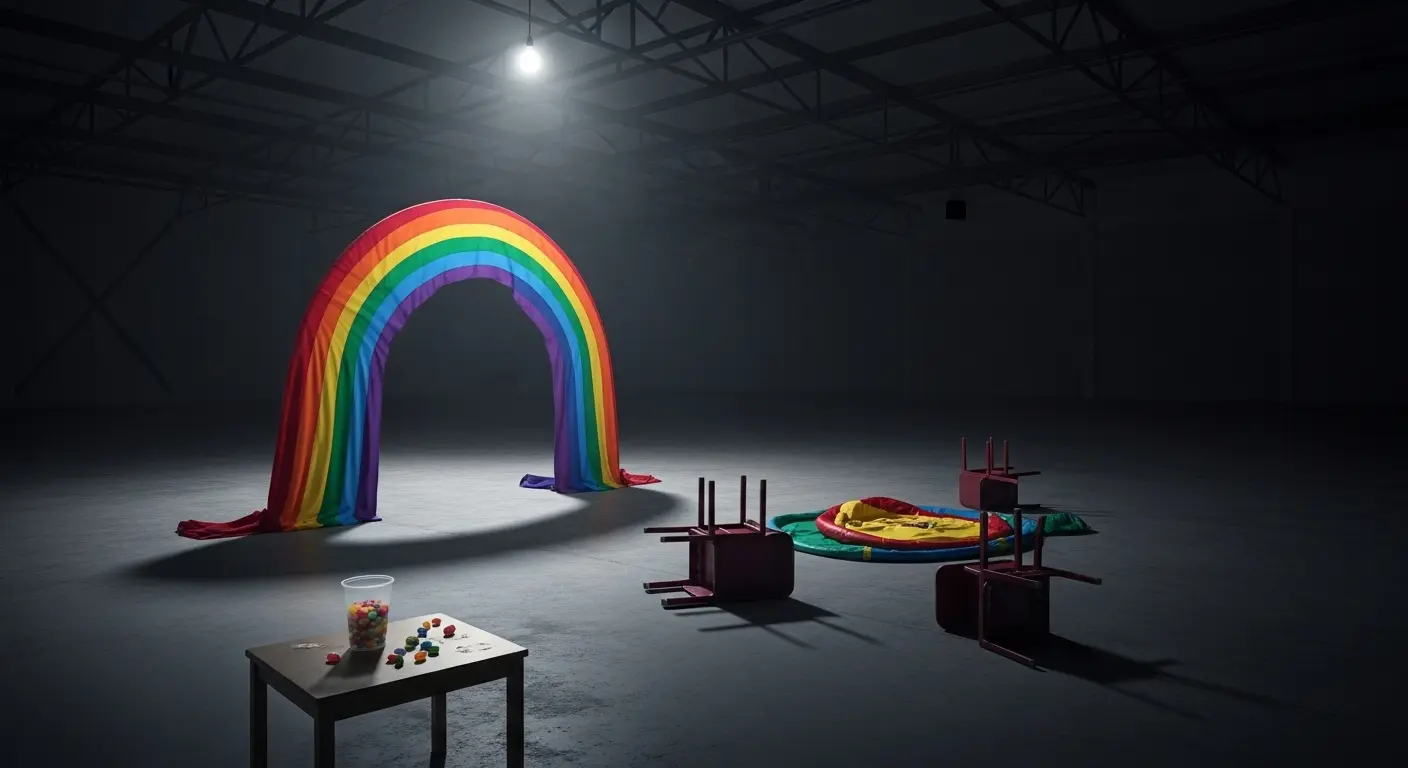 An image depicting the desolate, sparsely decorated warehouse of the infamous Glasgow Willy Wonka experience, with a single rainbow archway.