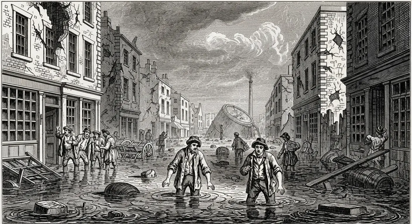 A 19th-century engraving depicting the chaotic aftermath of the London Beer Flood of 1814, with collapsed buildings and people wading through the streets.