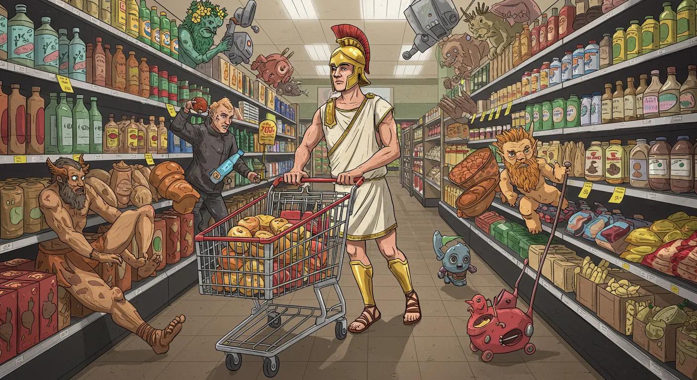 An illustrative image depicting a modern-day shopper pushing a cart, styled as an ancient Greek hero navigating a grocery store aisle filled with mythological creatures and challenges, embodying a funny grocery shopping story.
