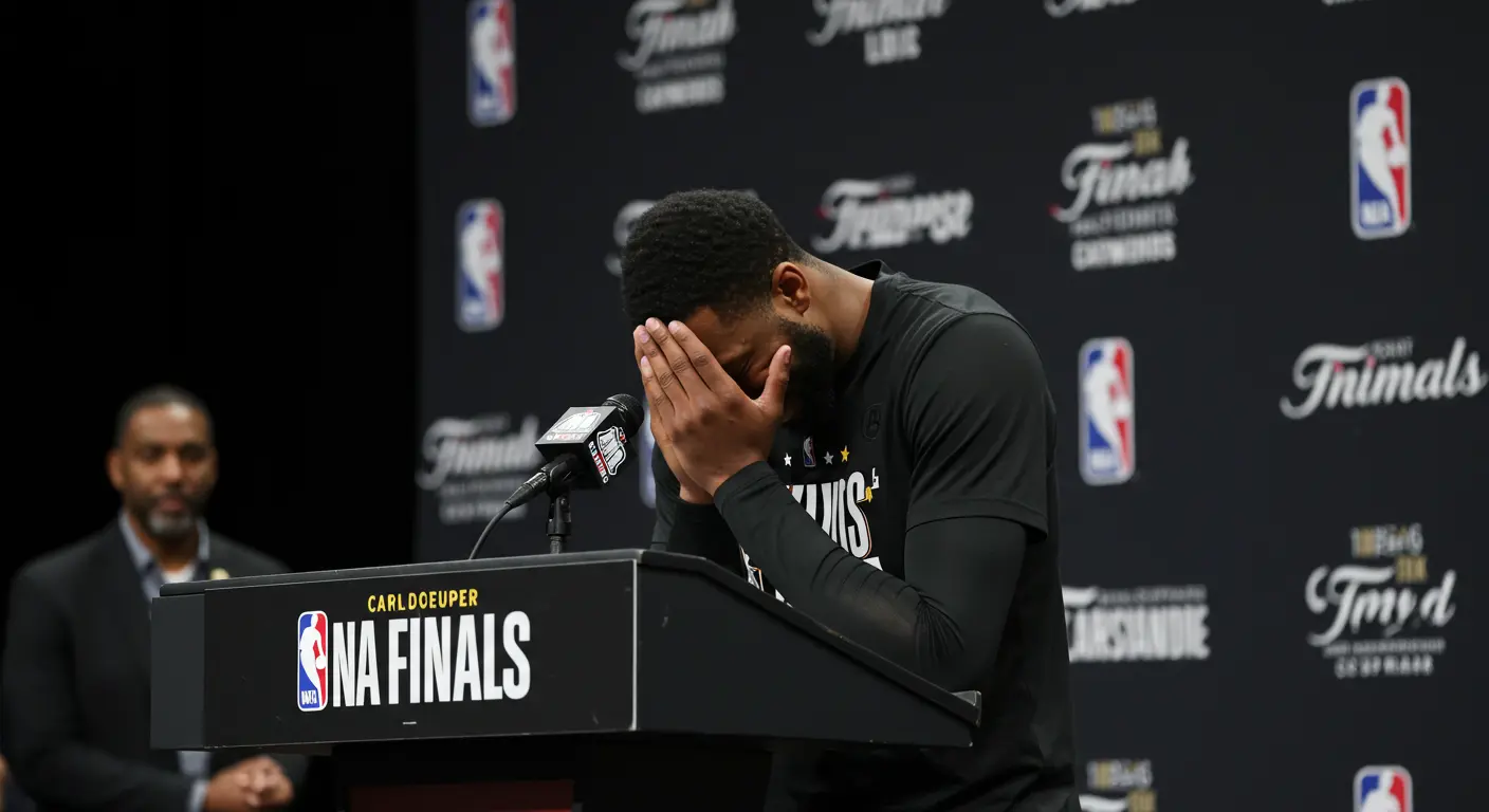 A lone basketball player, head bowed in sorrow, at a post-game press conference podium, with stylized text in the background reminiscent of a Shakespearean playbill, symbolizing a dramatic loss in the NBA Finals and the player's deep regret.