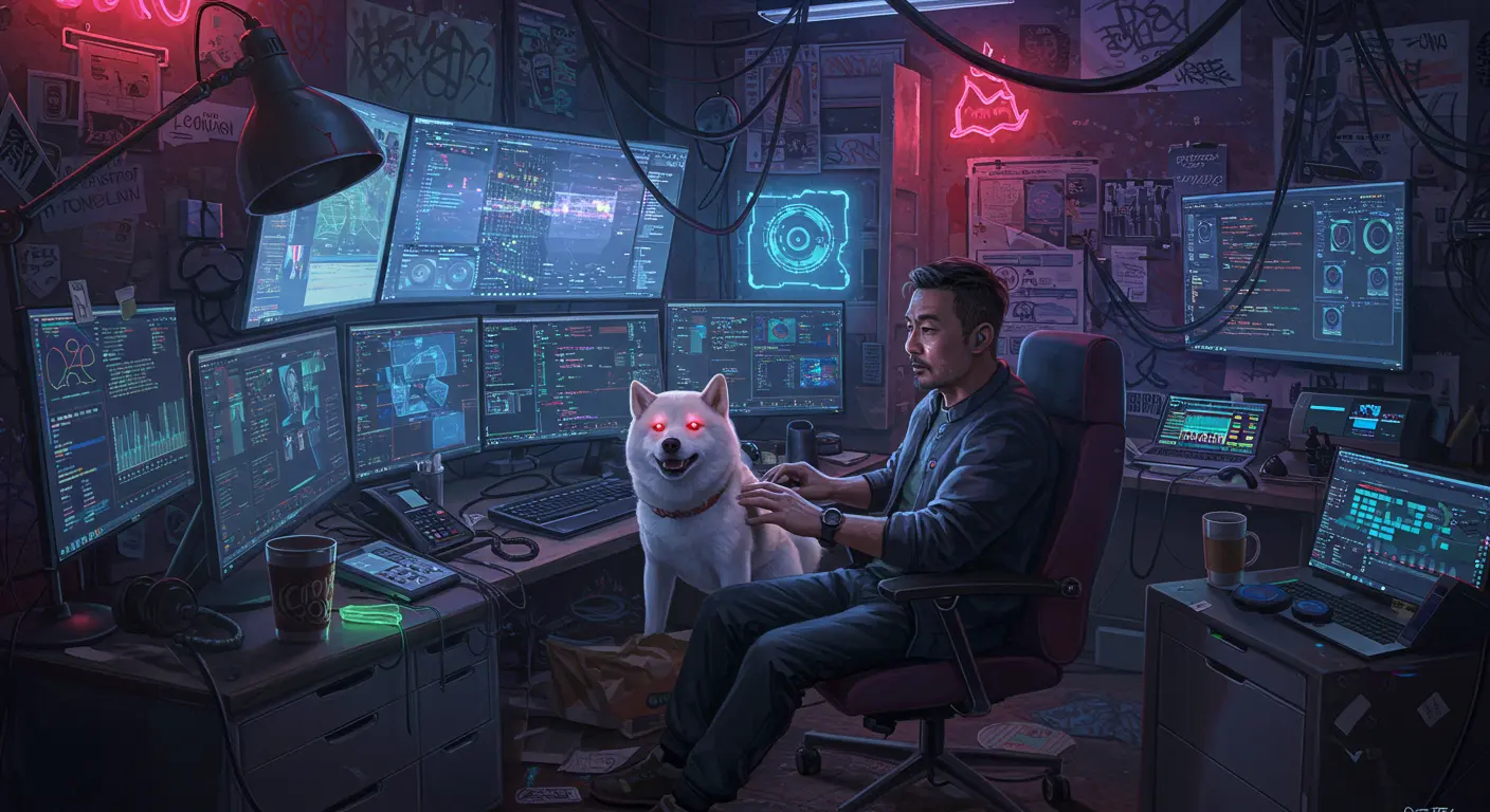 Chaotic home office with multiple monitors displaying conflicting information, a needy pet interrupting work, and cluttered surroundings full of distractions, illustrating remote work challenges.