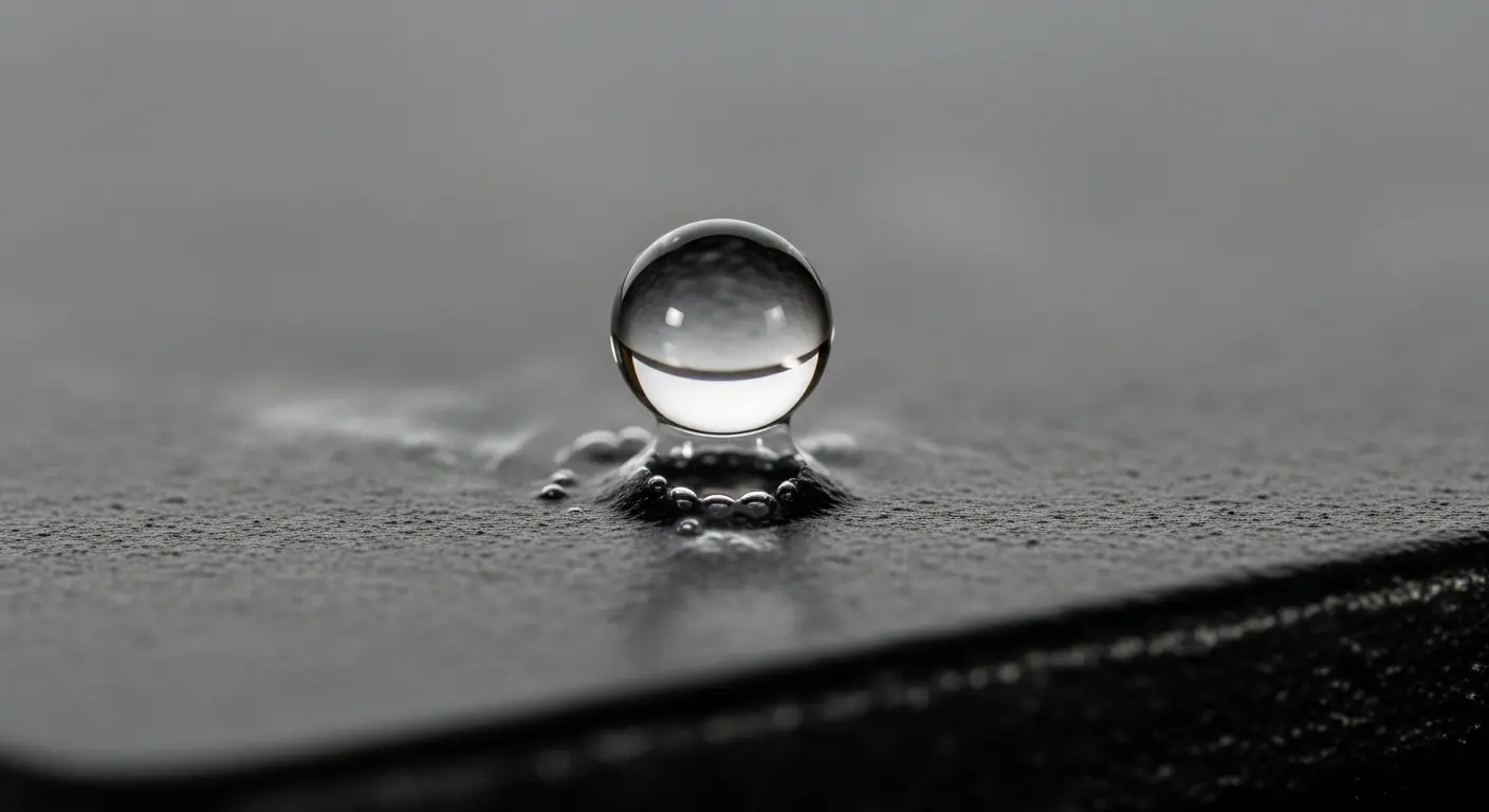 A macro photograph of a single water droplet levitating and skittering on a hot, dark metal surface, demonstrating the Leidenfrost effect. The droplet is spherical and reflects light.