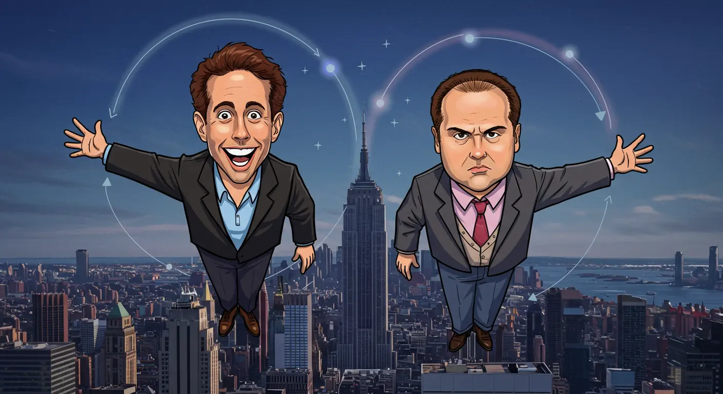 A whimsical illustration depicting Jerry Seinfeld and George Costanza as entangled quantum particles, with one appearing 'up' (happy) and the other 'down' (grumpy) instantly across a New York City skyline, humorously illustrating quantum entanglement explained simply through a 'Seinfeld' lens.