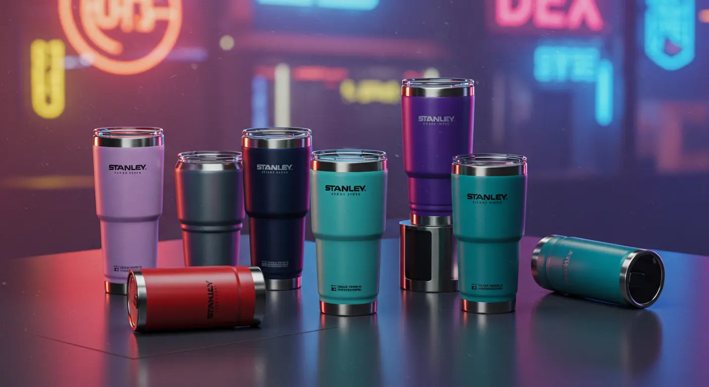 Trendy colorful Stanley cups displayed on a modern desk, seen as fashion accessories and status symbols.