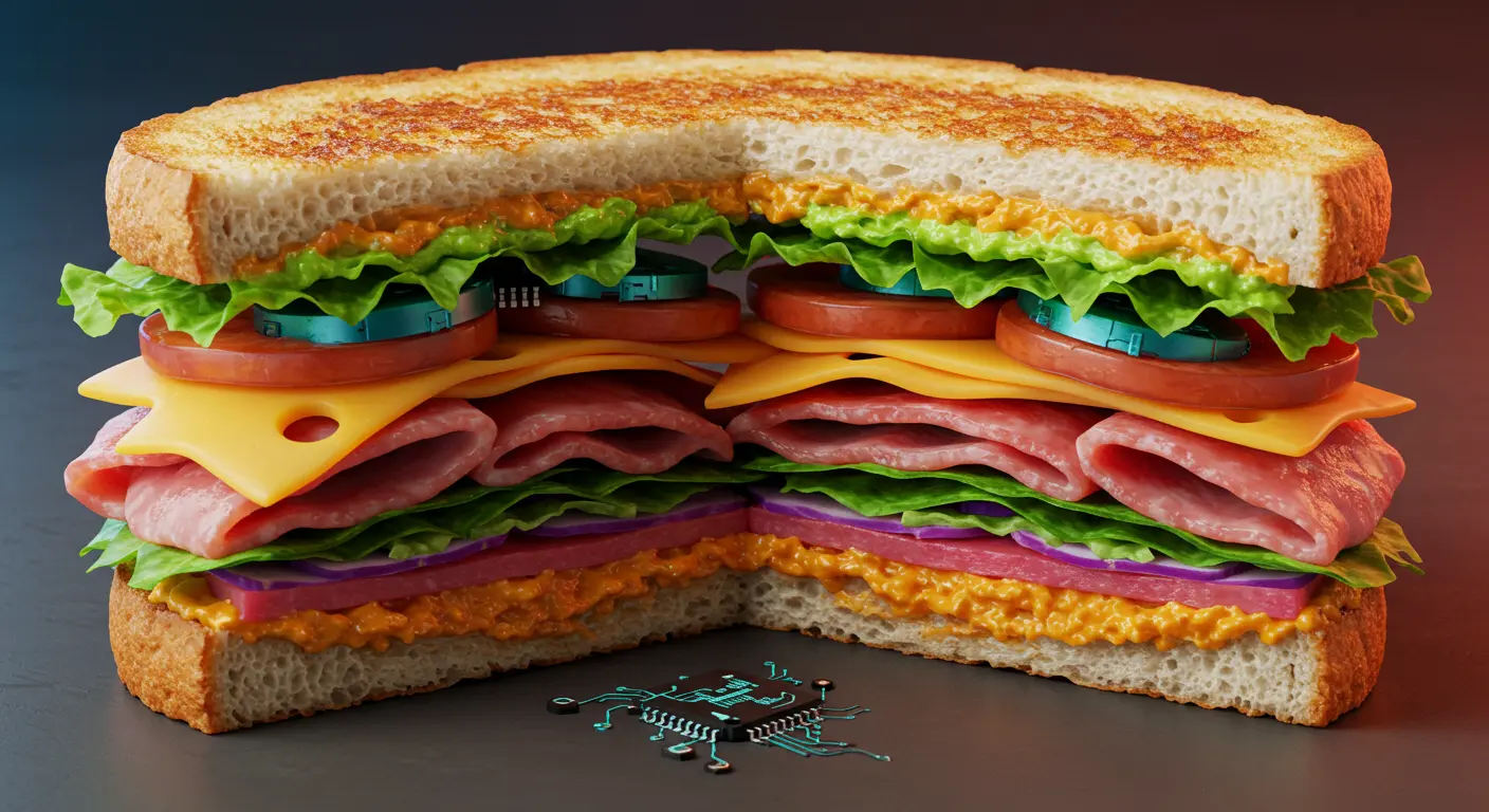 Cross-section of a perfectly layered sandwich showcasing toasted bread, spread, cheese, protein, vegetables, and garnish; an engineered perfect lunch.