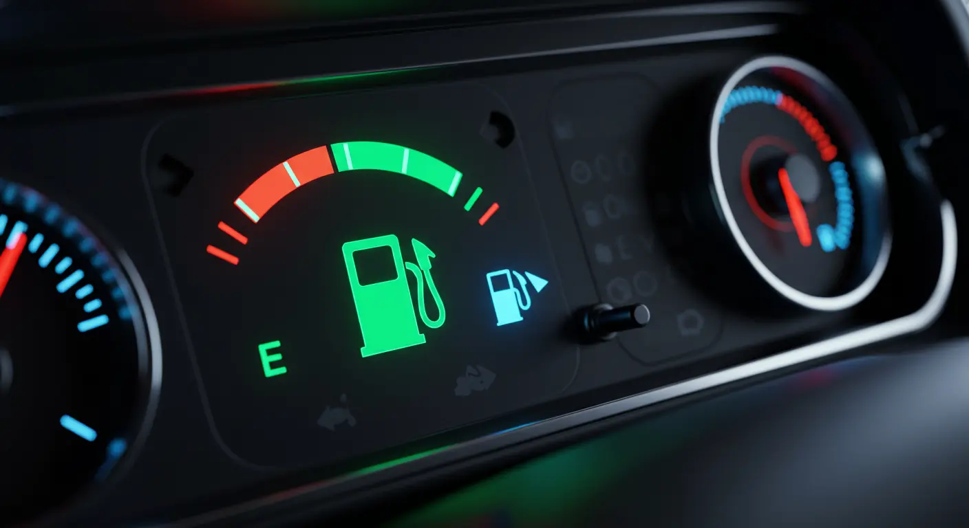 Car dashboard fuel gauge showing gas pump icon with a directional arrow.