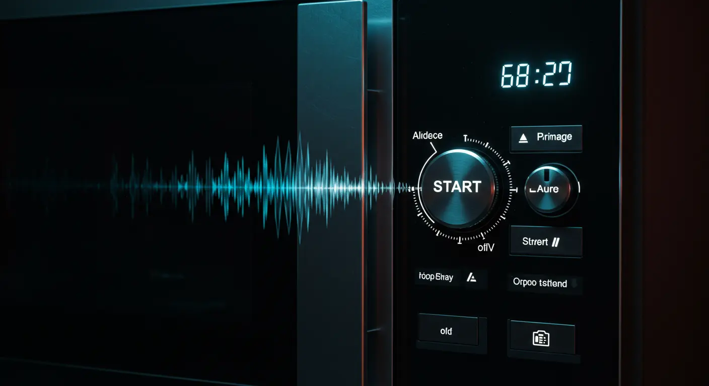 A close-up, stylized image of a modern microwave oven's control panel, with abstract sound wave graphics emanating from the 'start' button, implying the subtle language of its beeps.