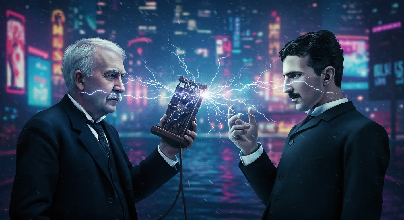 Dramatic depiction of Thomas Edison and Nikola Tesla in a heated electrical confrontation with sparks flying between them, symbolizing their historic rivalry.