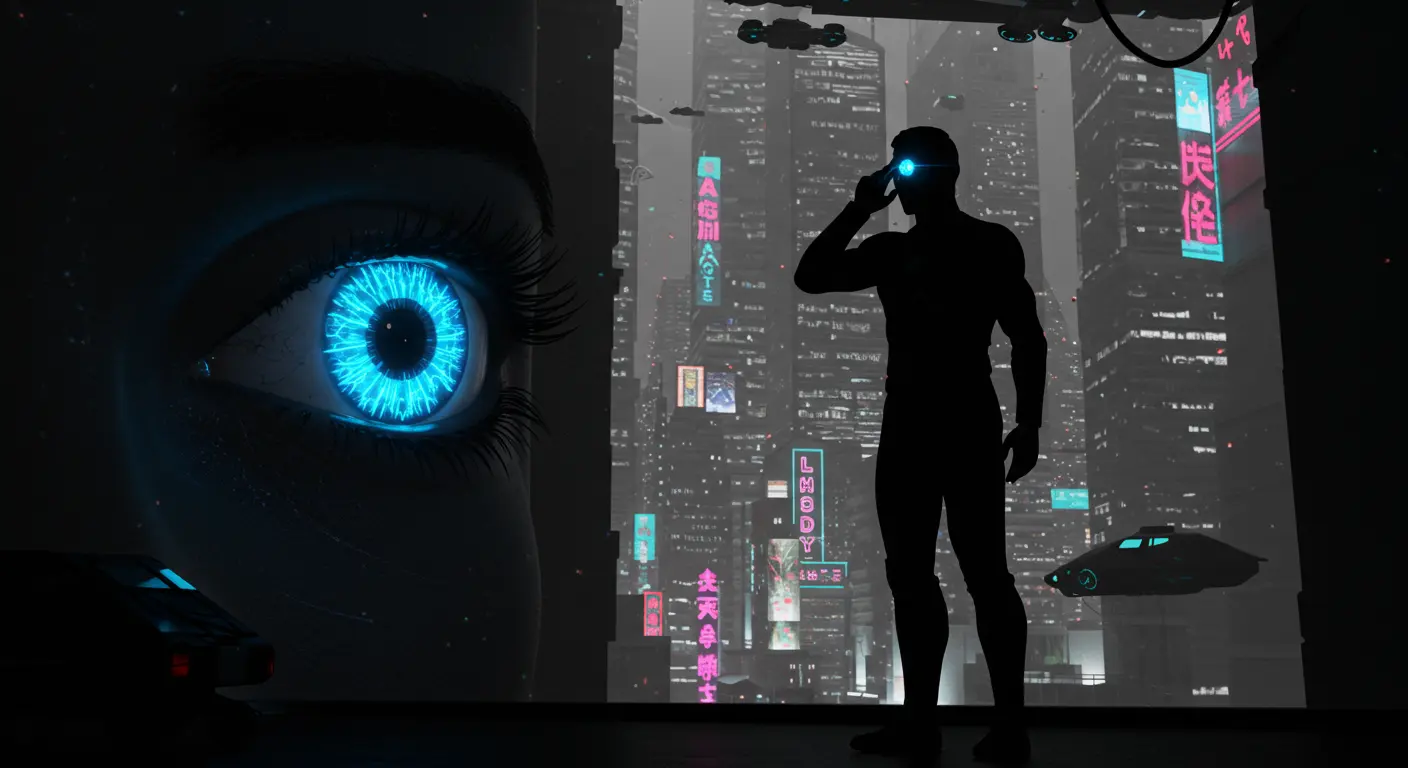 AI digital eye observes stylized, silhouetted man subtly nodding, depicting AI-human interaction or gesture recognition.