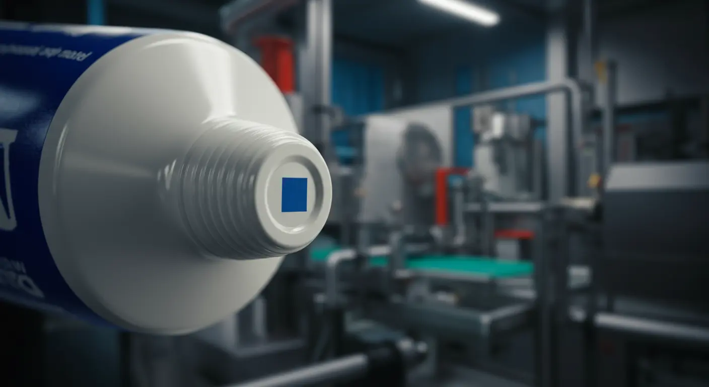Close-up image of a toothpaste tube's crimped end showing a small, colored square (eye mark), with a blurred background of a factory production line, illustrating the debunked myth of chemical codes.