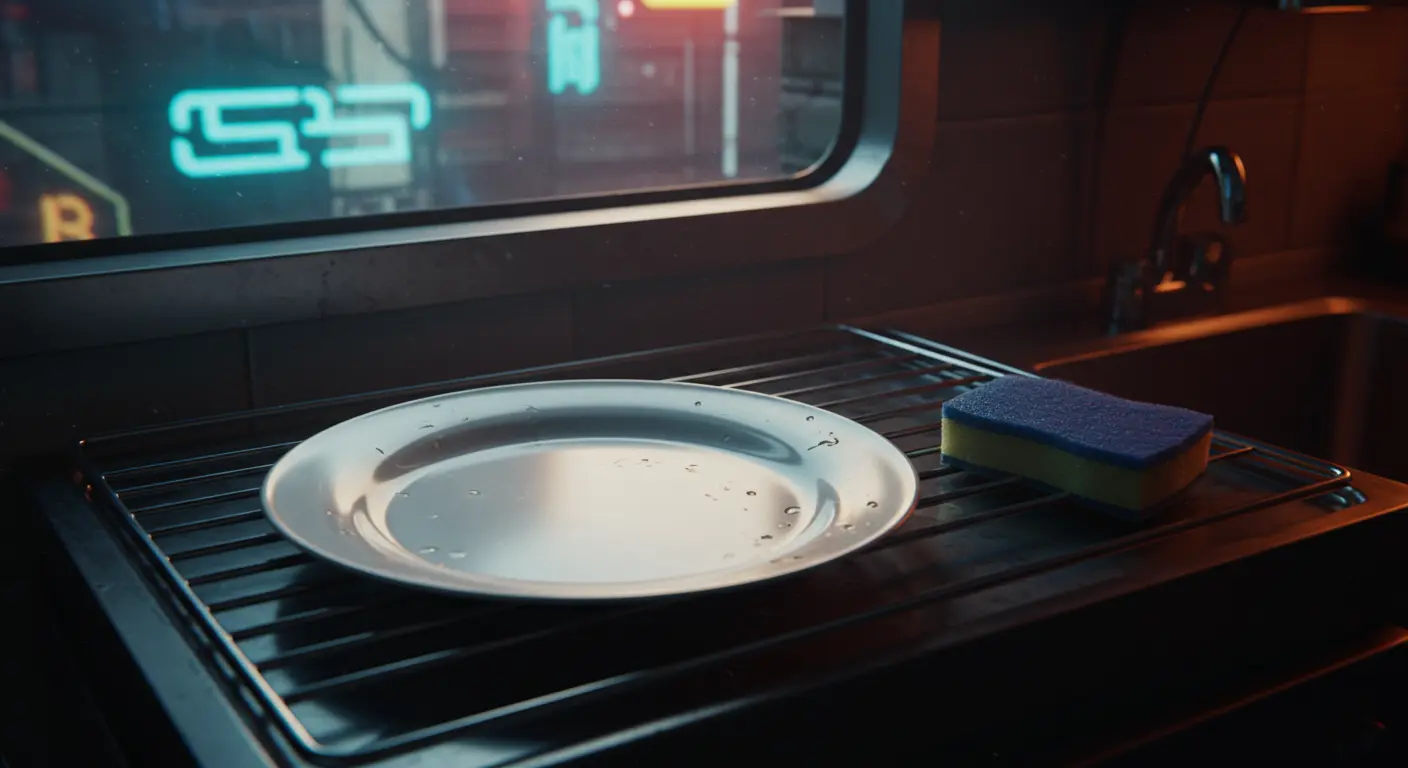 A sparkling clean plate on a drying rack, bathed in ethereal light, next to a pristine, elegant sponge.