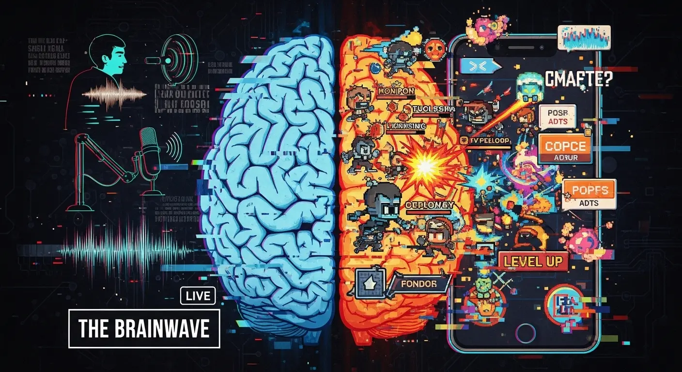 An illustration of a human brain split in two. One half shows a person talking, representing a podcast, while the other half shows a chaotic mobile game, representing sludge content.