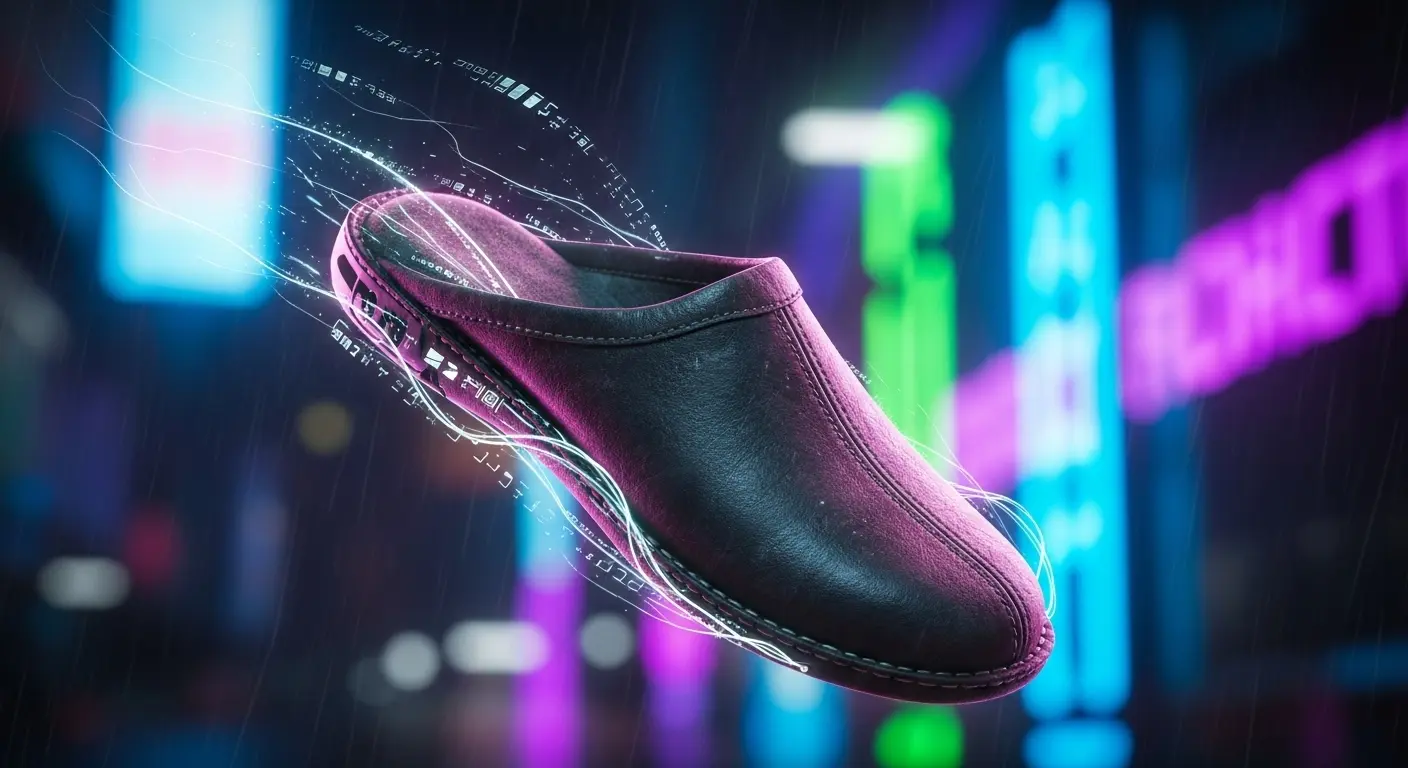 A single leather slipper frozen in mid-air, tumbling chaotically against a blurred background, illustrating the principles of slipper aerodynamics.