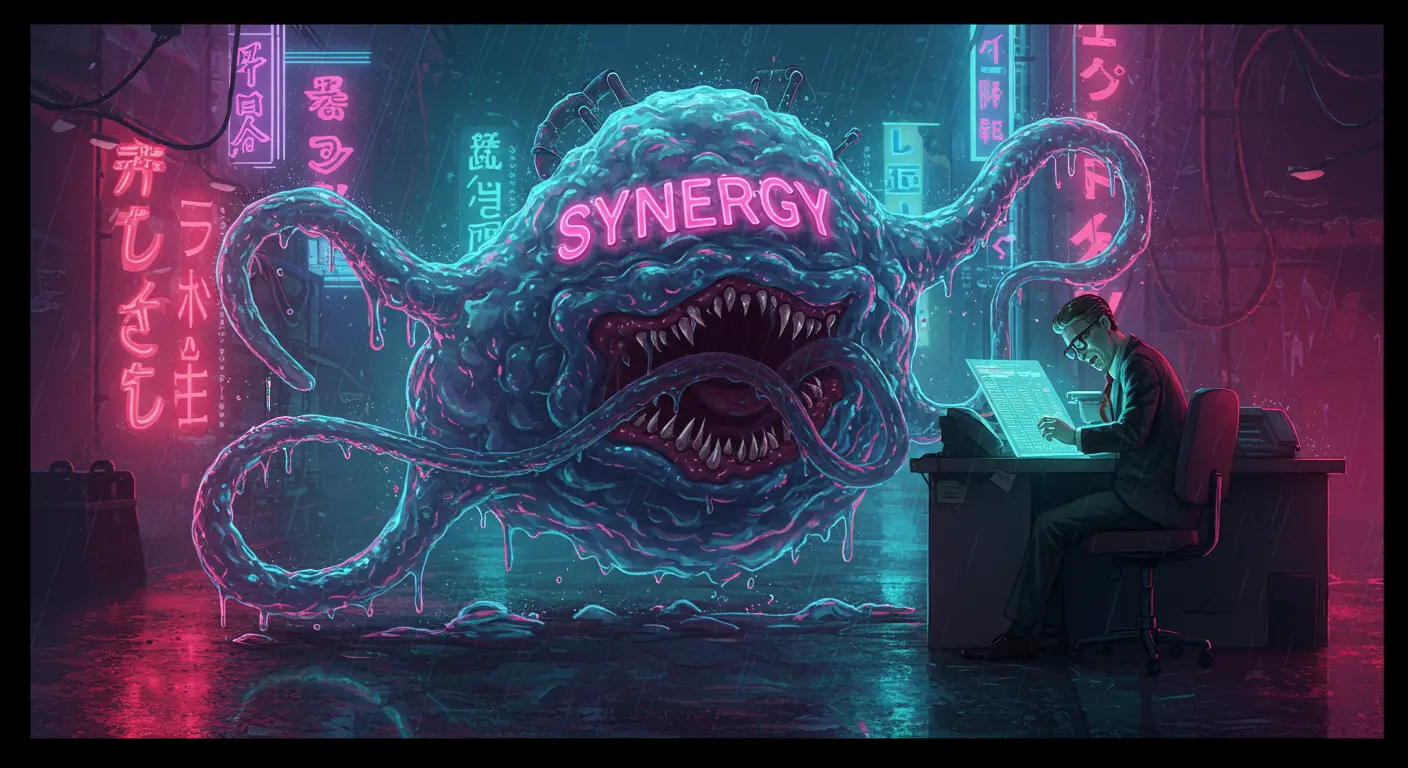 Stylized illustration: A blobby 'Synergy' monster, embodying corporate buzzwords, attacks a stressed office worker holding a spreadsheet.
