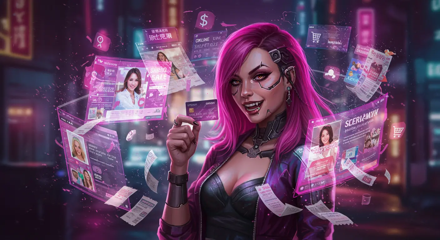 Conceptual 'girl math' illustration: Woman surrounded by shopping receipts, dollar signs, and social media icons, symbolizing modern digital consumer rationalization and online spending.