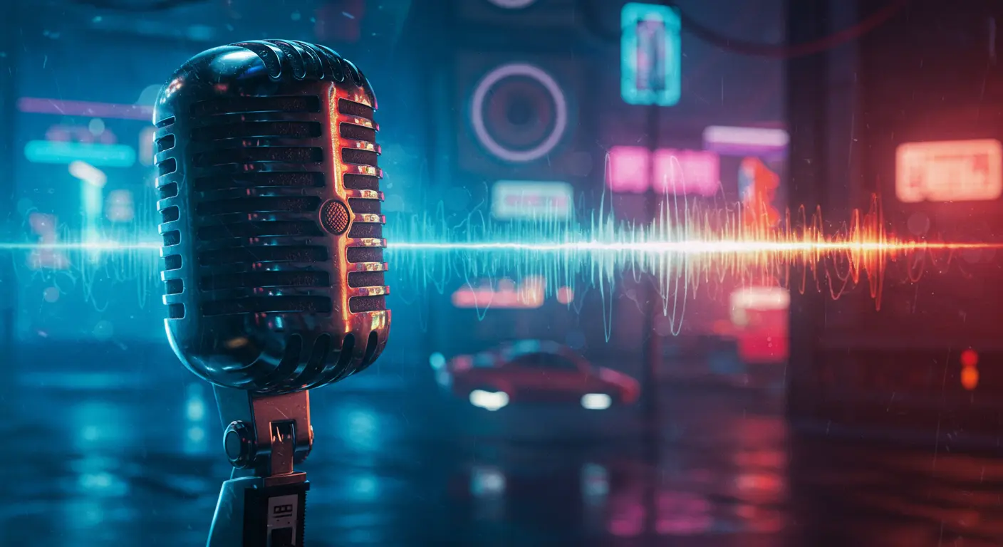 Vintage microphone and speaker with sound waves, depicting the Wilhelm scream's sonic legacy.