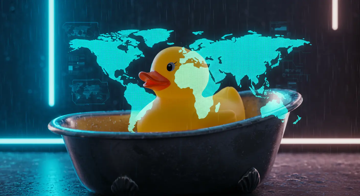 A classic yellow rubber duck, bobbing playfully in a tub, with an overlay of a world map tracing ocean currents, symbolizing its long history and global journeys.