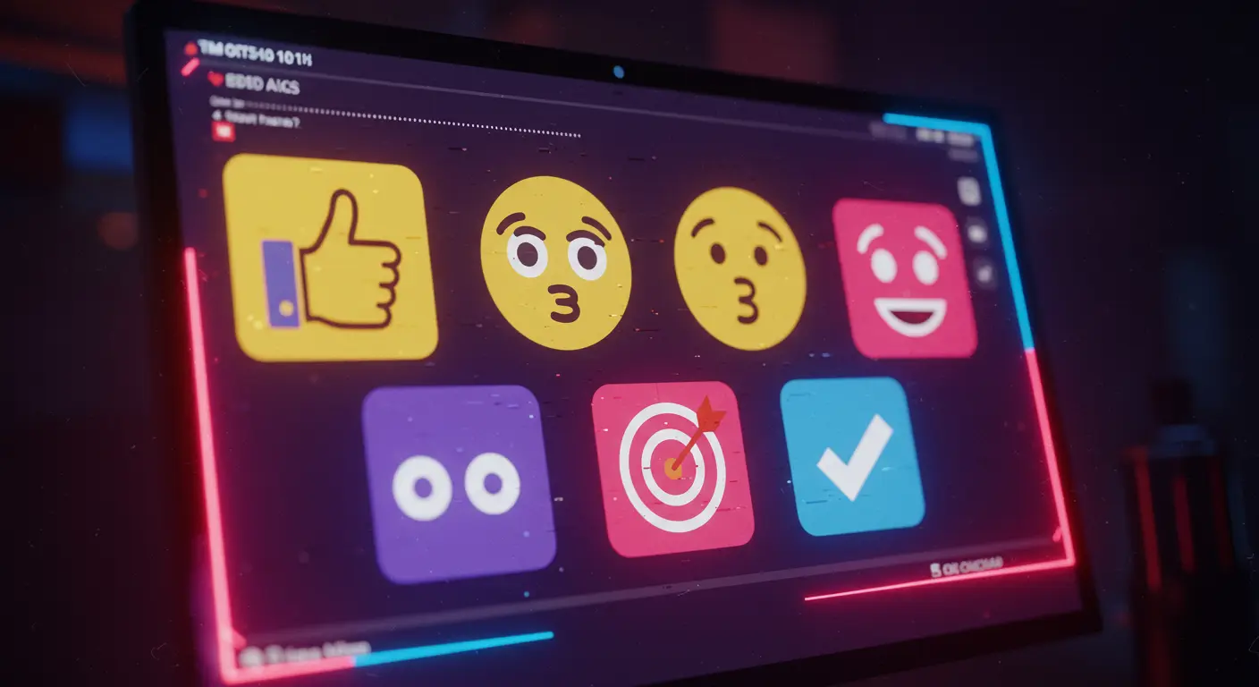 Close-up of a computer screen displaying various Slack emoji reactions, including a red thumbs-up, wide-open eyes, a green checkmark, and a red and white bullseye icon.