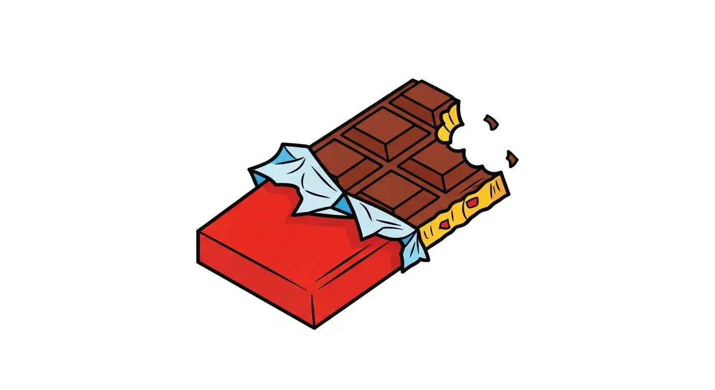 A comically small chocolate bar with a large bite taken out of it, resting on a pristine white background, illustrating the concept of shrinkflation.