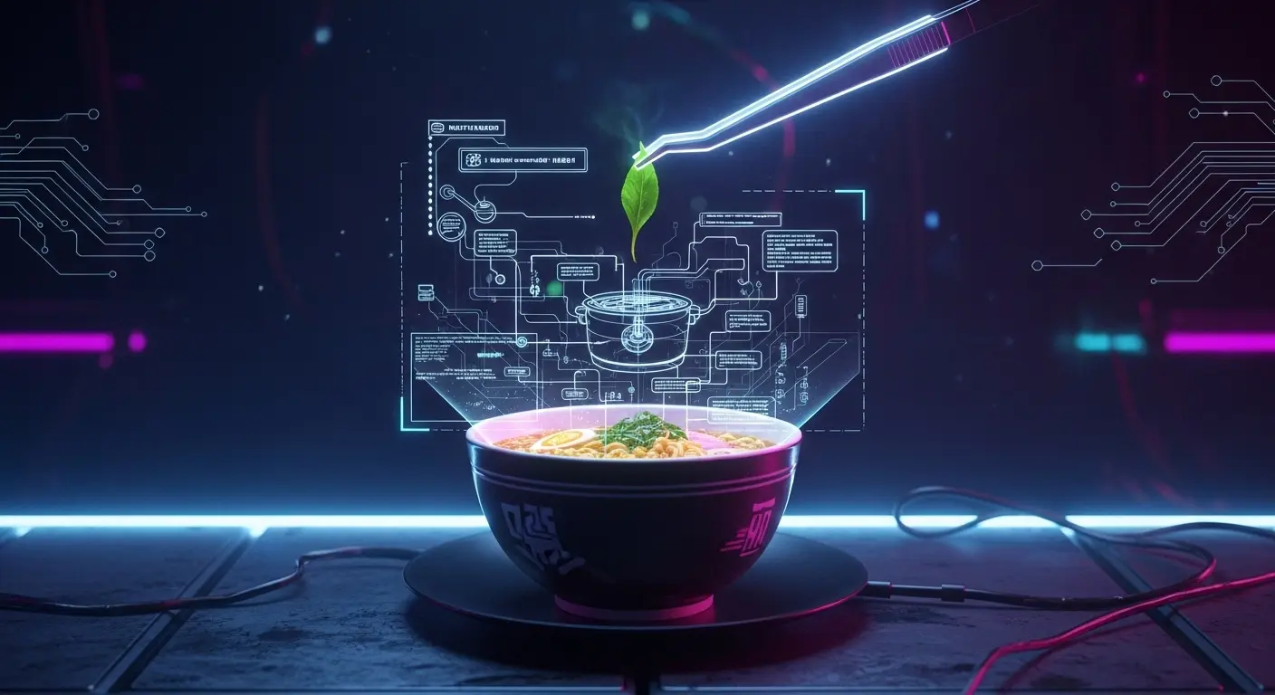 A perfectly composed bowl of instant ramen, garnished with tweezers and a single herb, illustrating an absurdly complex method on how to make ramen better.