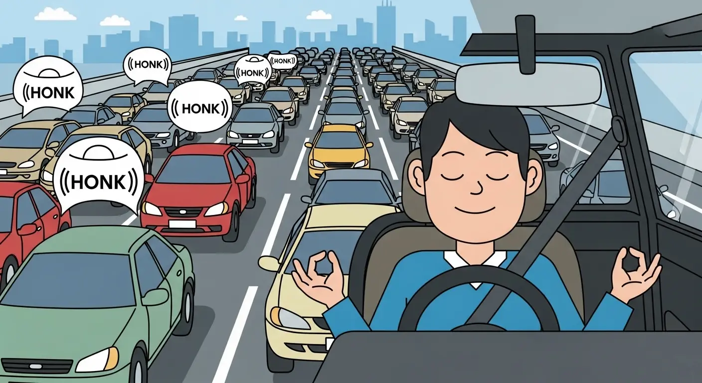 A smiling person stuck in a massive traffic jam, meditating peacefully with eyes closed as cars honk all around them.