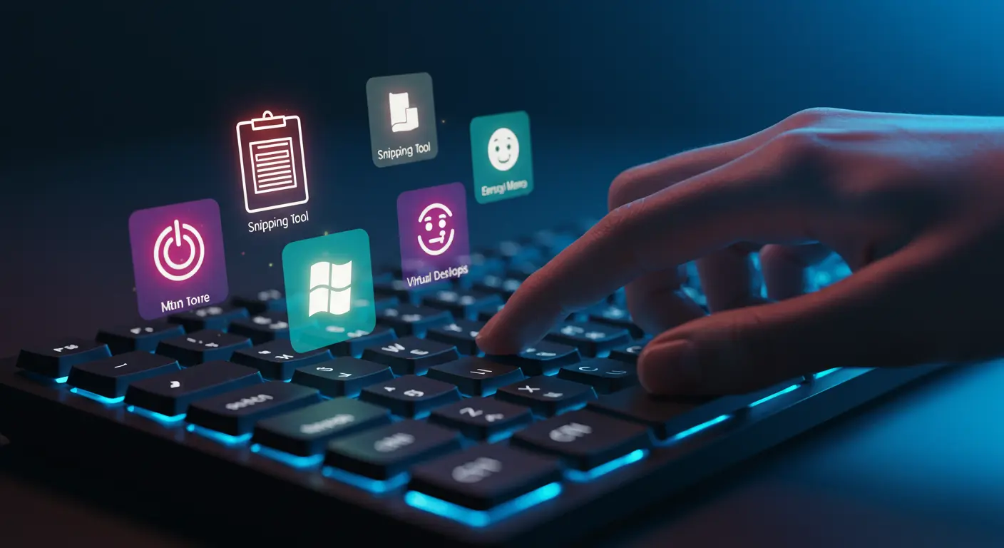 Hand pressing Windows key on a keyboard, displaying floating icons for Windows shortcuts including clipboard, snipping, emoji, virtual desktops, and power menu.