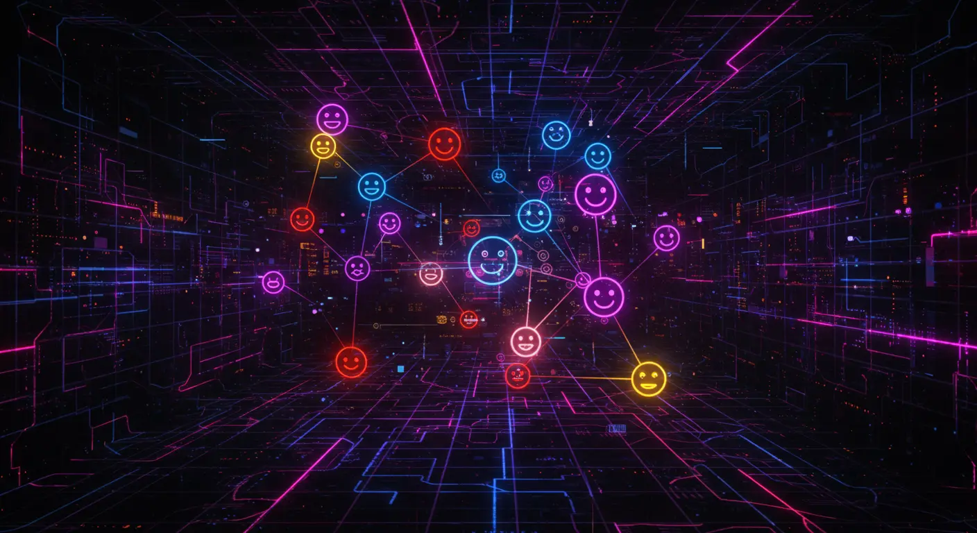 Abstract diagram visualizing interconnected emotional stages, styled like a complex software flowchart.
