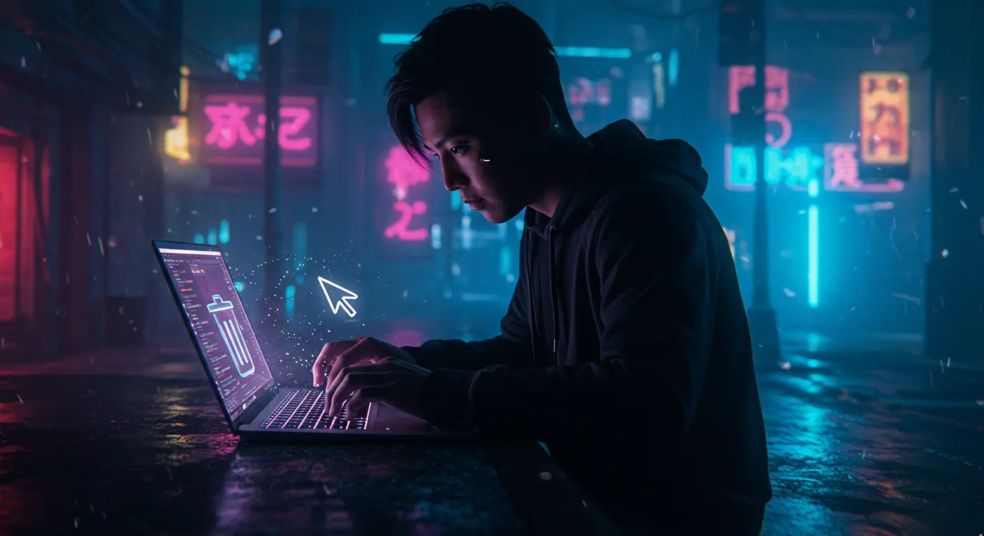 A shadowy figure typing on a laptop, with a glowing cursor and a trash can icon in the background.