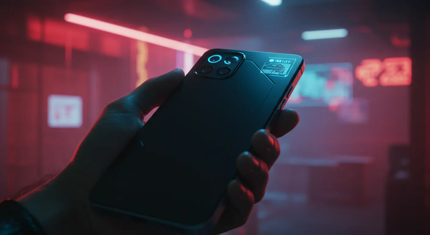 Hand holding a smartphone with its camera lens subtly glowing, symbolizing advanced mobile technology and innovative features.