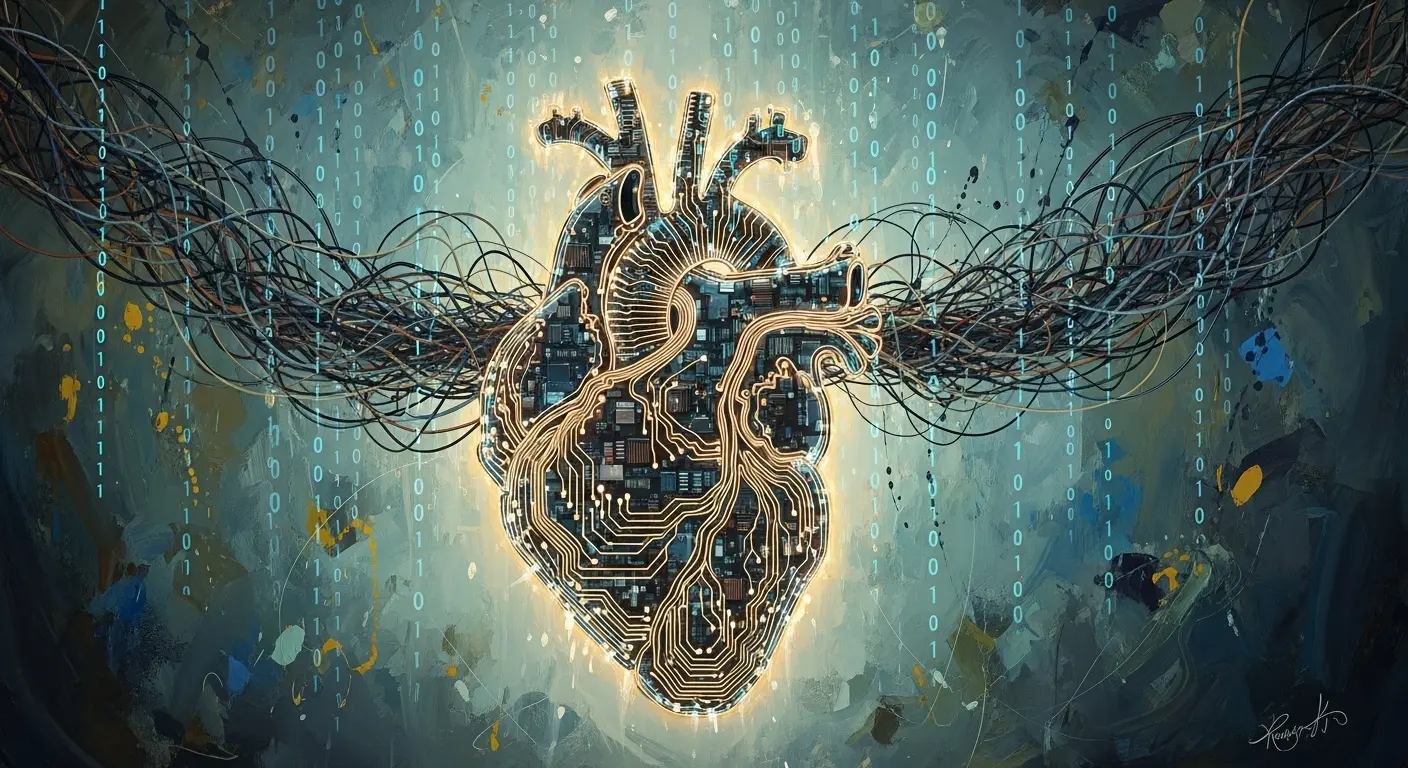 A vintage-style anatomical heart composed of glowing circuit boards and intertwined wires, surrounded by a gentle rain of binary code.