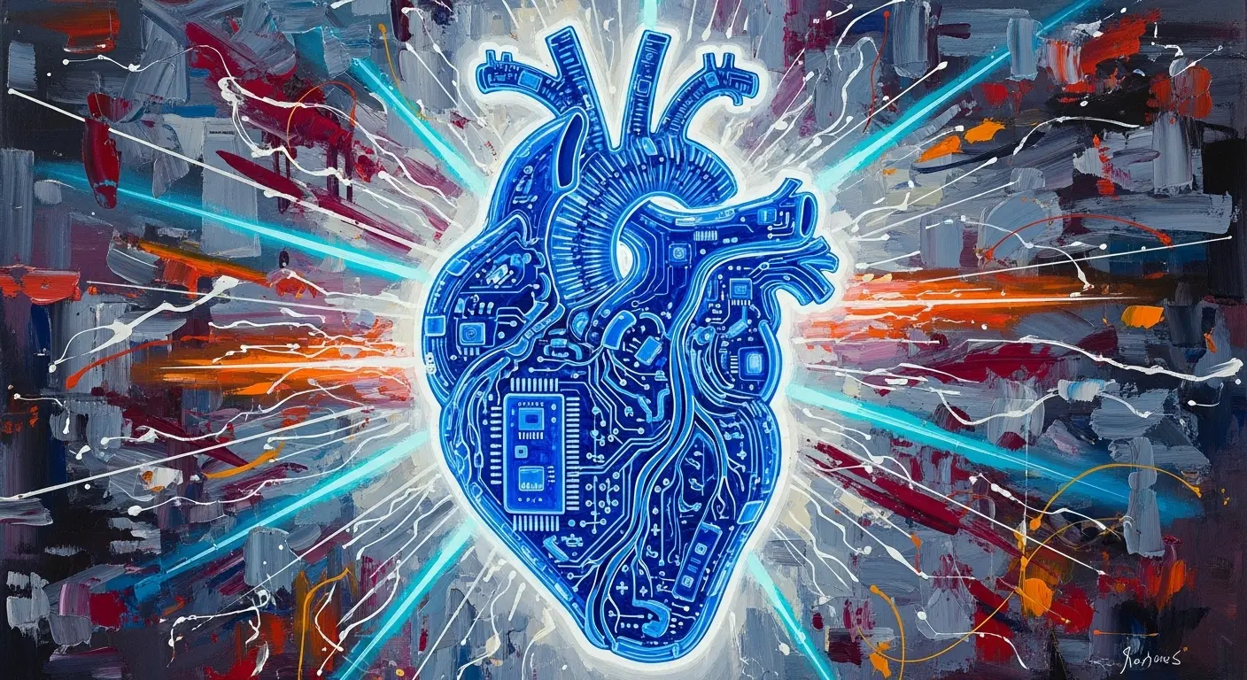 An anatomical heart made of glowing blue circuit boards, representing an AI's analysis of the question, what is love.