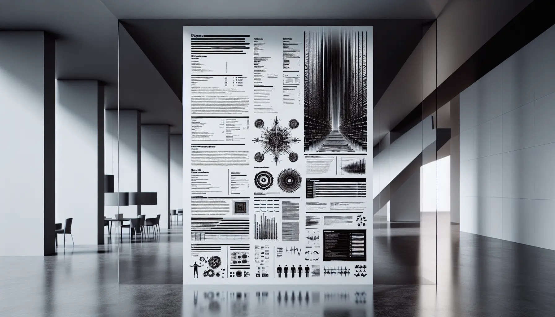 A monochrome resume with dense jargon, abstract charts, and footnotes, floating in a sterile office void with brutalist design, against the backdrop of an eerie corporate hallway in soft focus.