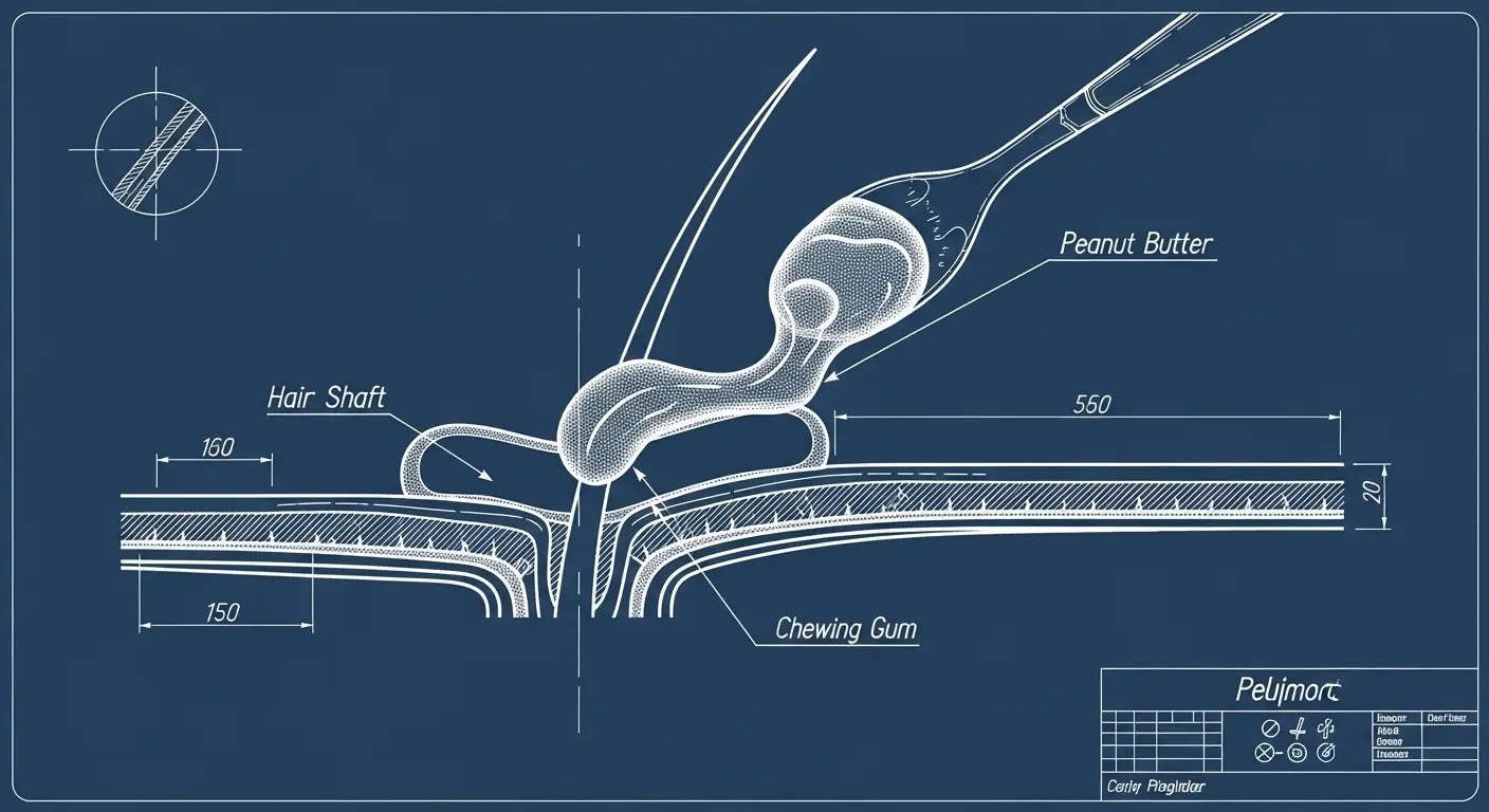 Close-up of peanut butter removing gum from a hair strand.