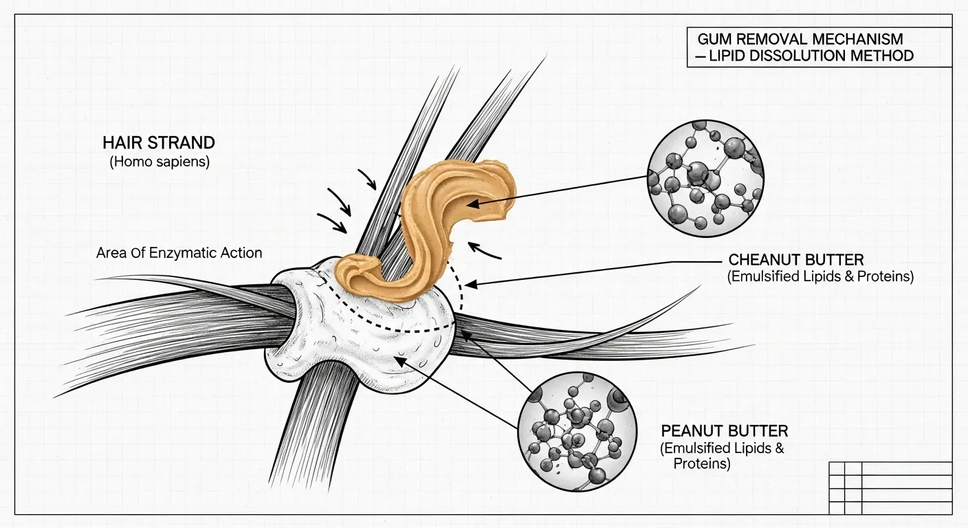 Close-up of peanut butter being used to dissolve gum stuck in a strand of hair.
