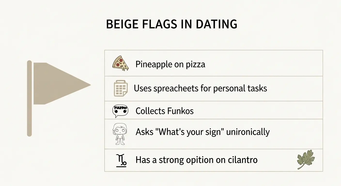 A clinical chart illustrating the concept of a beige flag in dating, with examples like pineapple on pizza and spreadsheet use.