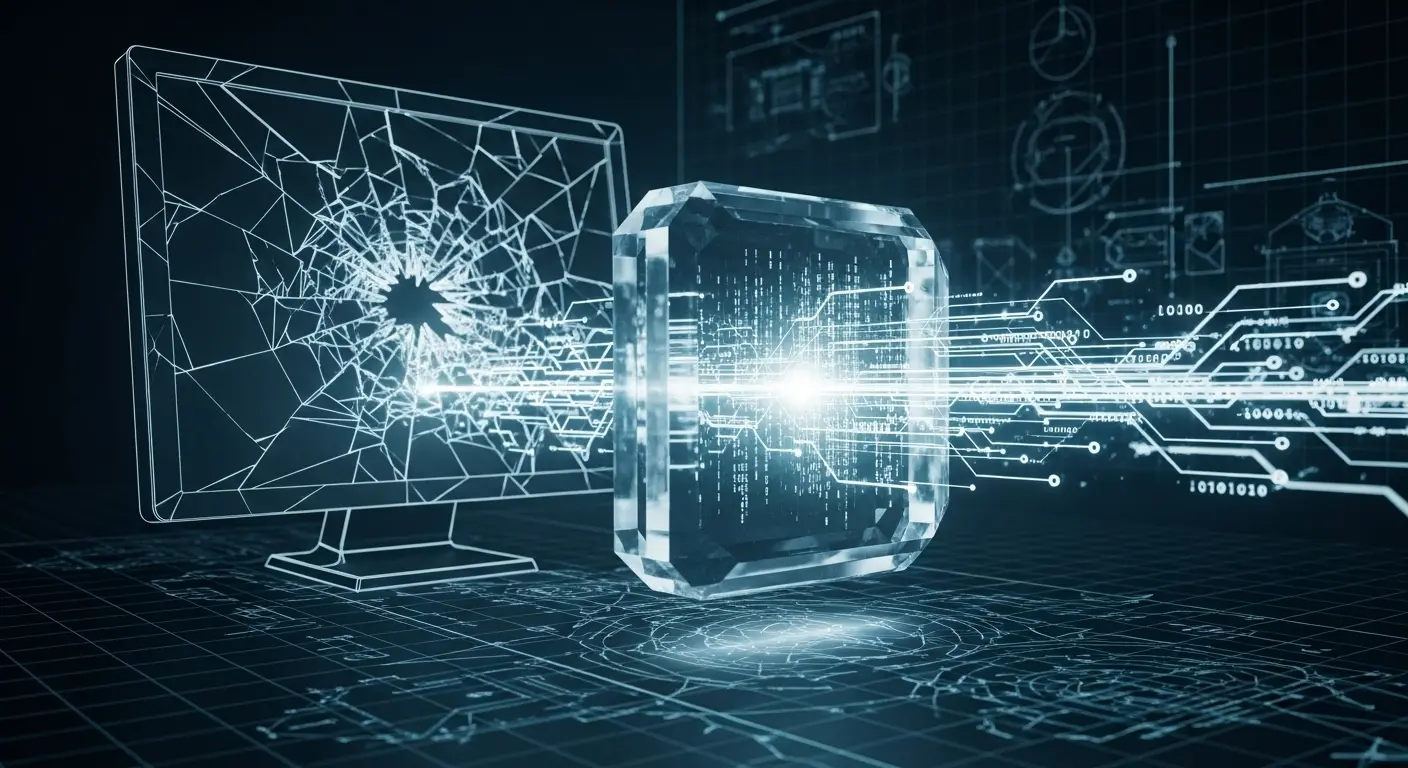 Abstract digital art of a fractured computer screen, where glowing data streams are frozen into a solid crystal cube.