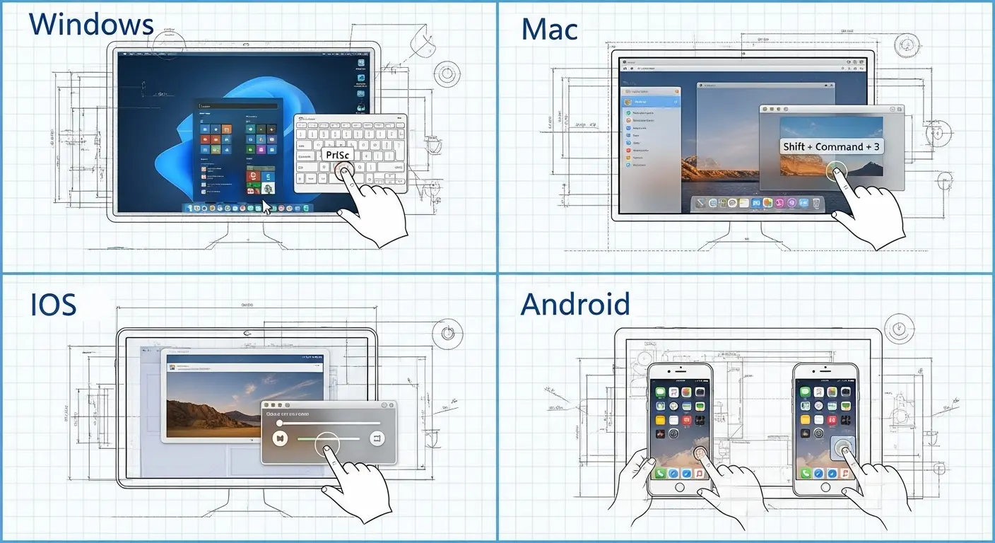 A grid collage showing the user interfaces of Windows, Mac, iOS, and Android, each with a screenshot being taken, illustrating a guide on how to take a screenshot.