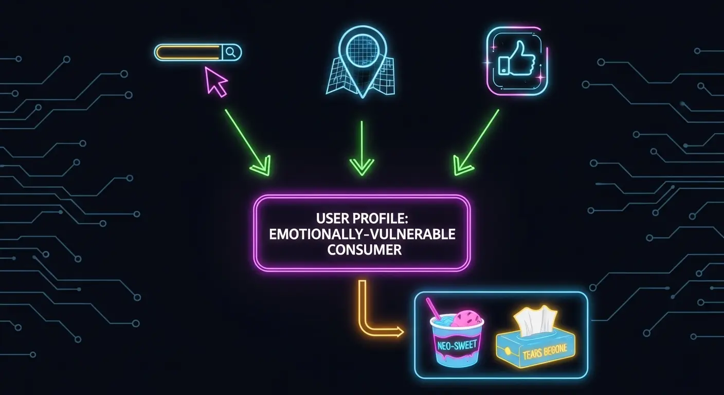 A minimalist flowchart illustrating targeted advertising, where icons for search, location, and social media likes create a profile of an 'Emotionally-Vulnerable Consumer' who is then shown an ad for tissues and ice cream.
