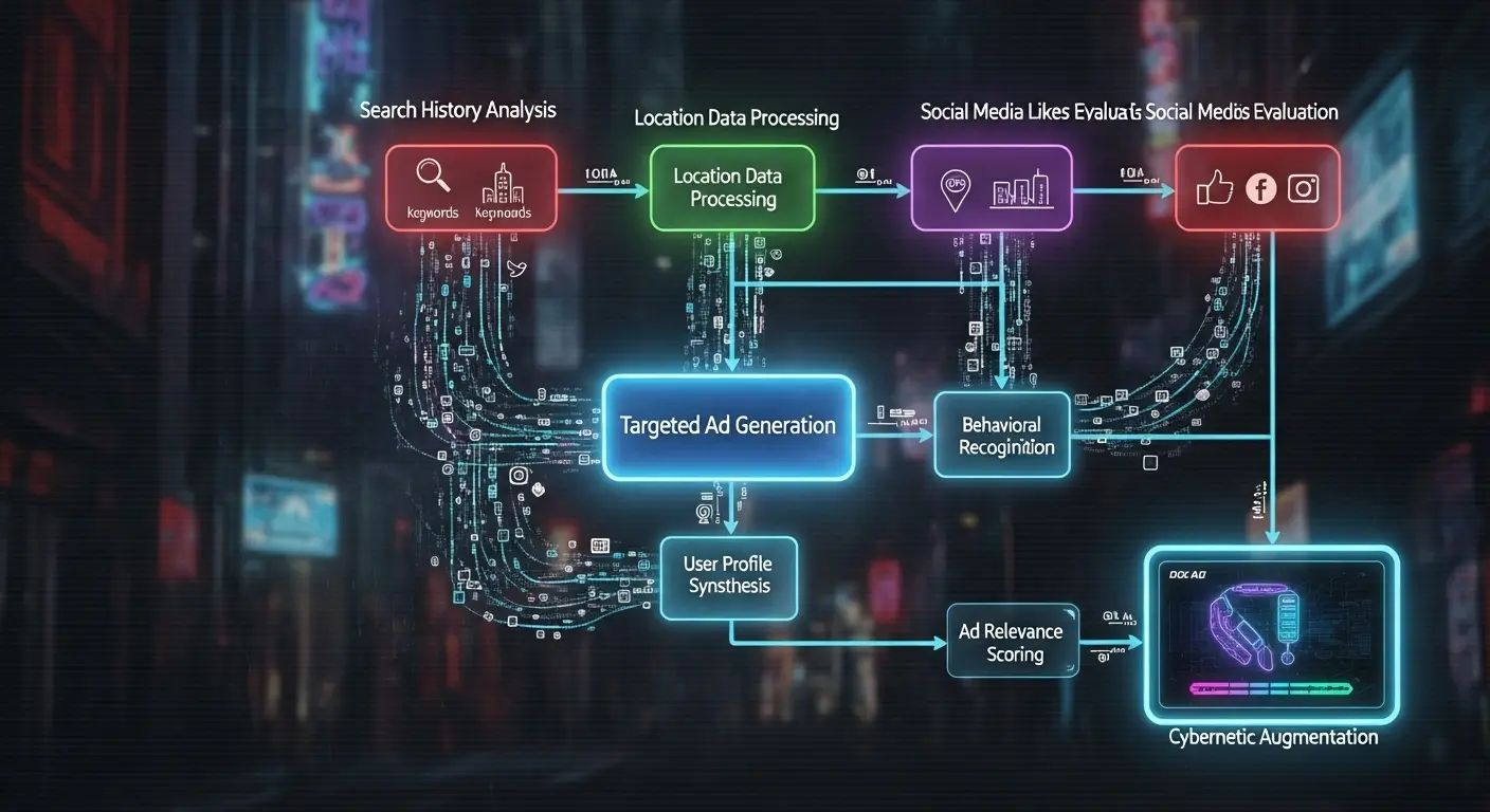 A flowchart diagram illustrating how an algorithm combines search history, location data, and social media likes to serve a targeted ad.