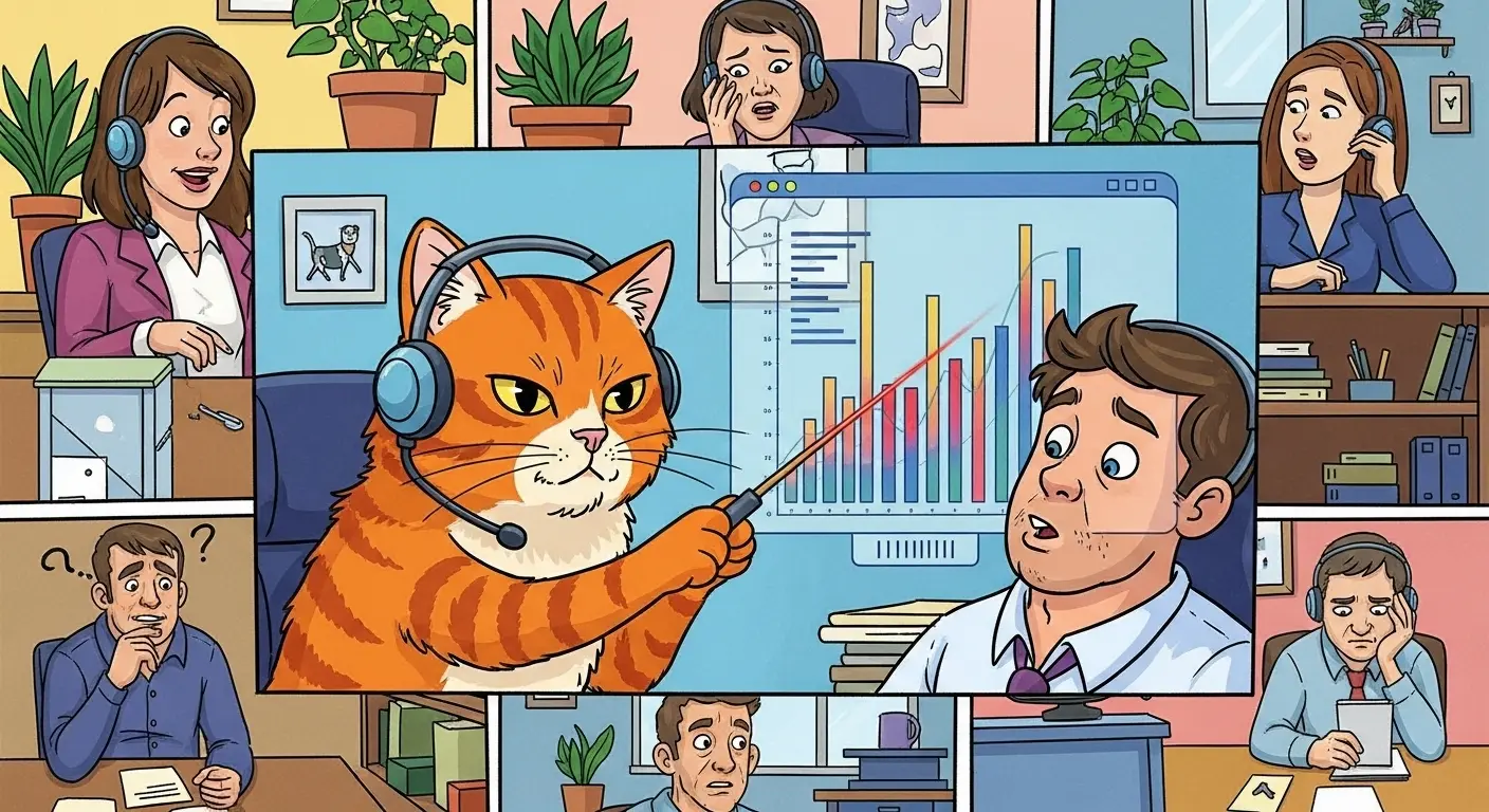 A hyper-realistic image of a cat wearing a miniature headset and seriously pointing a tiny laser at a graph during a professional Zoom business meeting.