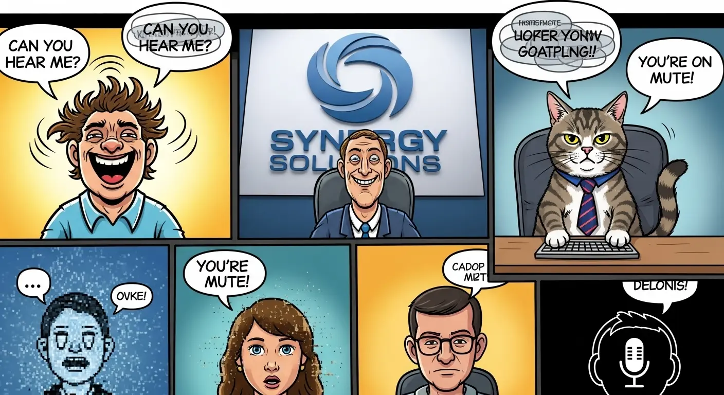 An illustration of a chaotic Zoom meeting where one person is enthusiastically nodding, another has a corporate logo for a background, and a cat in a tie sits at a desk.