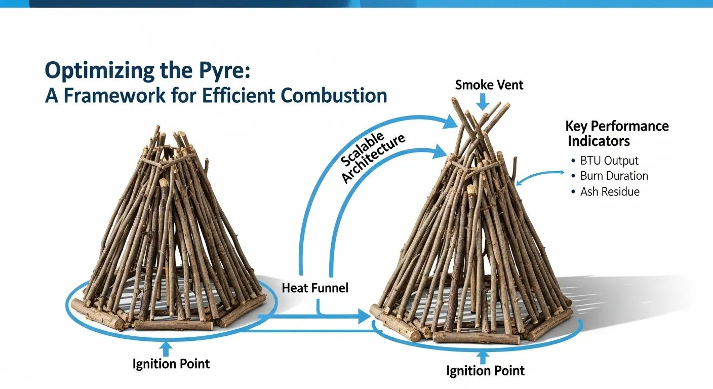 A corporate PowerPoint slide presenting a kindling teepee as a business flowchart, with strategic labels like 'Ignition Point,' 'Heat Funnel,' and 'Scalable Architecture'.