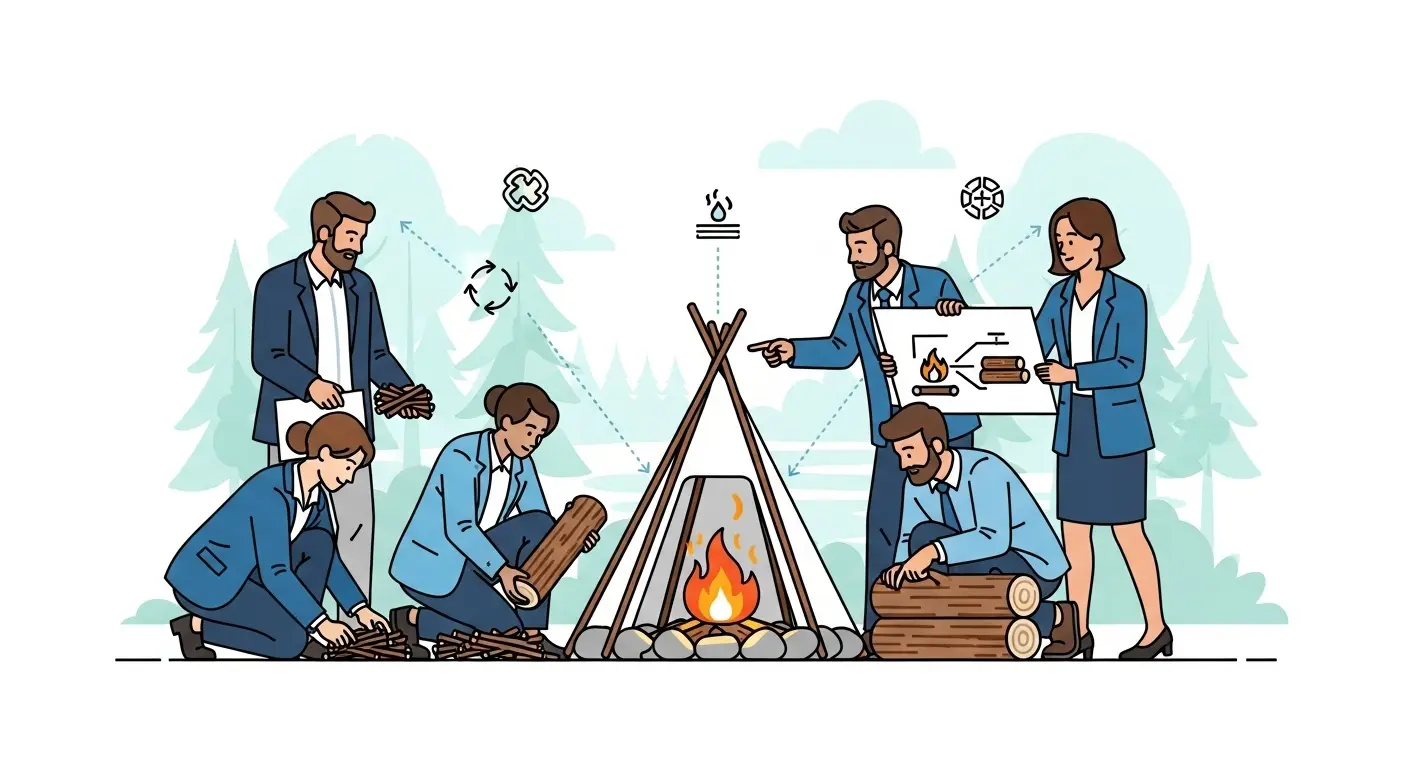 A group of professionals in business-casual attire collaborating to build a perfect teepee-style campfire at a corporate retreat, symbolizing teamwork and synergy.