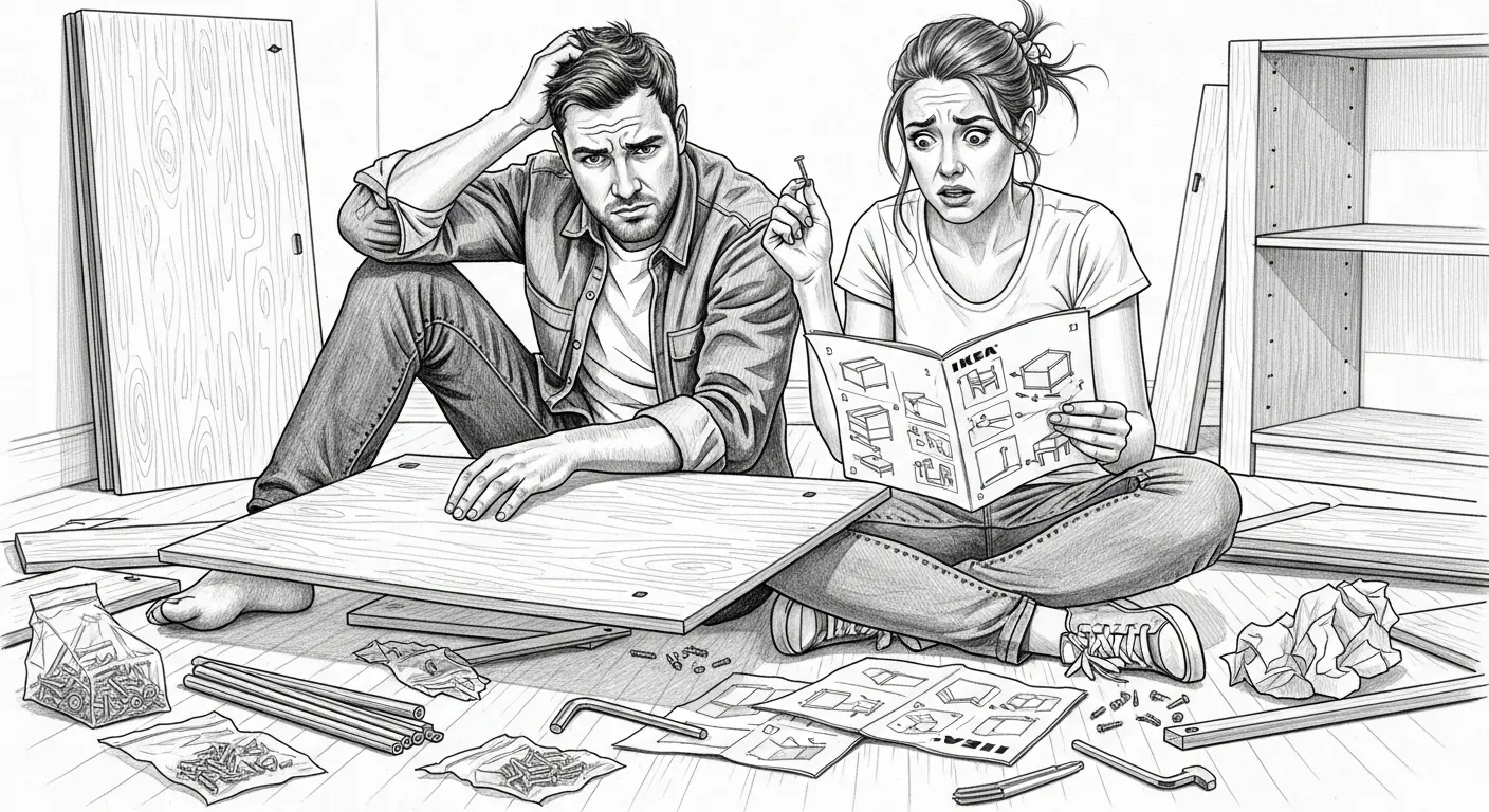 A frustrated but loving couple sits on the floor, surrounded by IKEA furniture parts and instructions, working together.