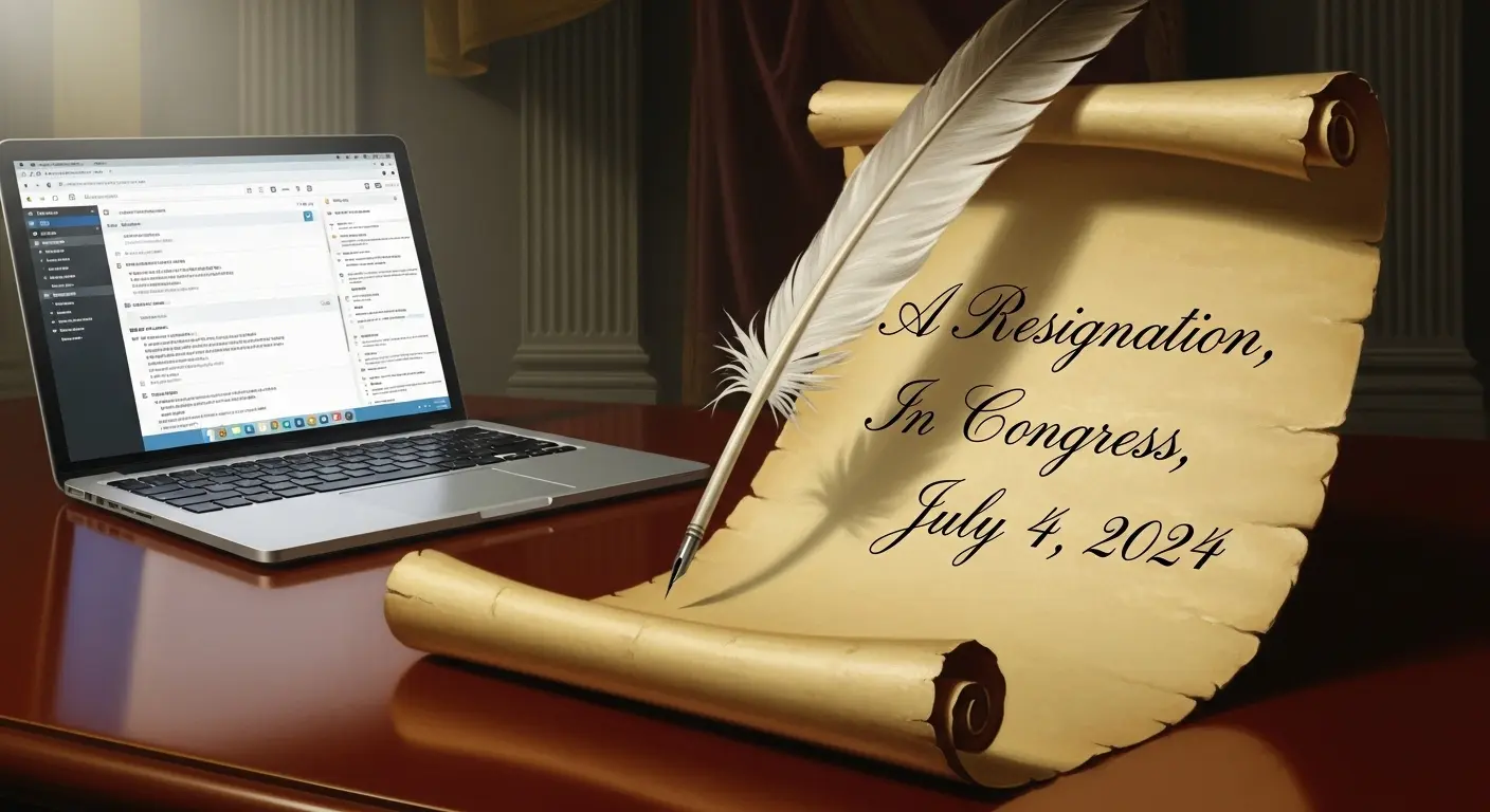A historical quill pen poised over parchment reading 'A Resignation, In Congress, July 4, 2024,' juxtaposed with a modern laptop showing a corporate email inbox.