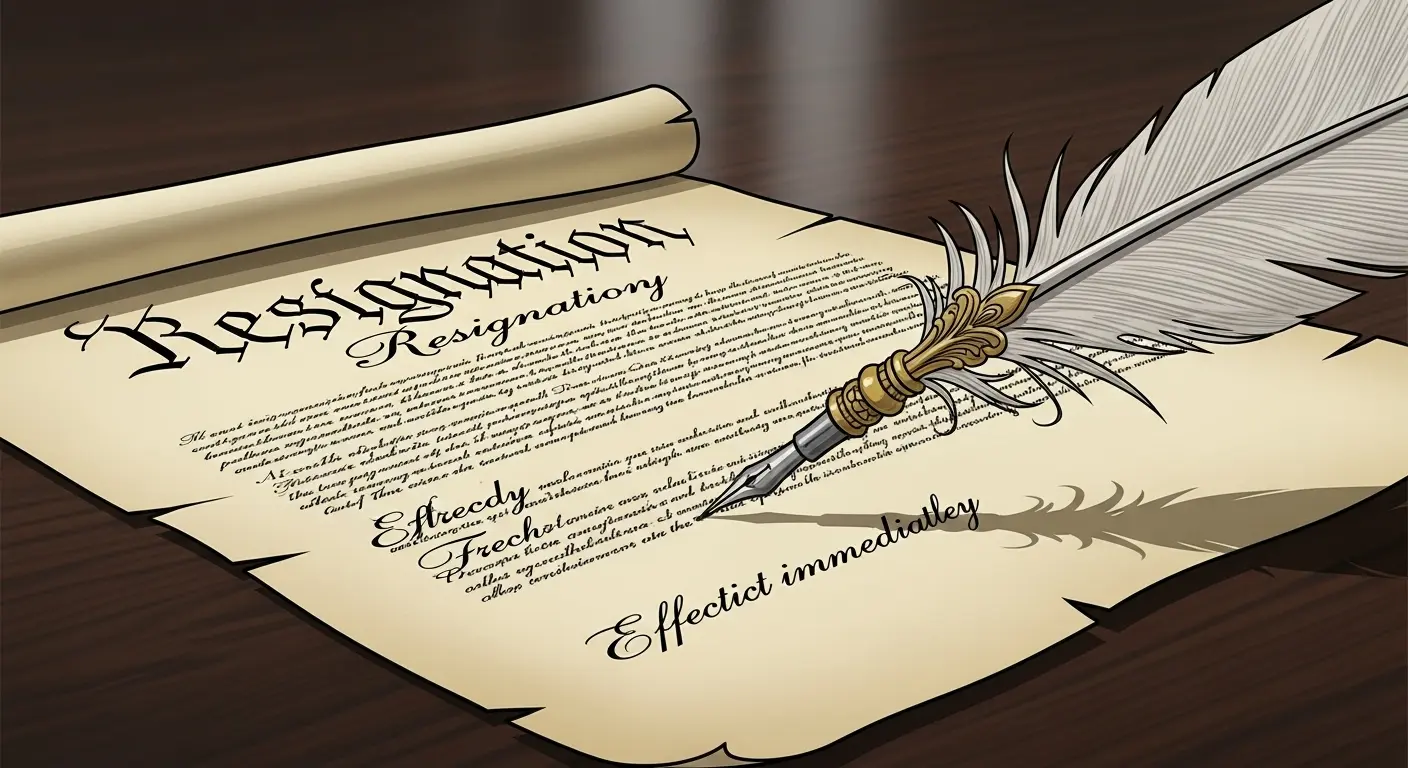 A stylized image of a quill pen signing a resignation letter styled after the Declaration of Independence on a piece of parchment.