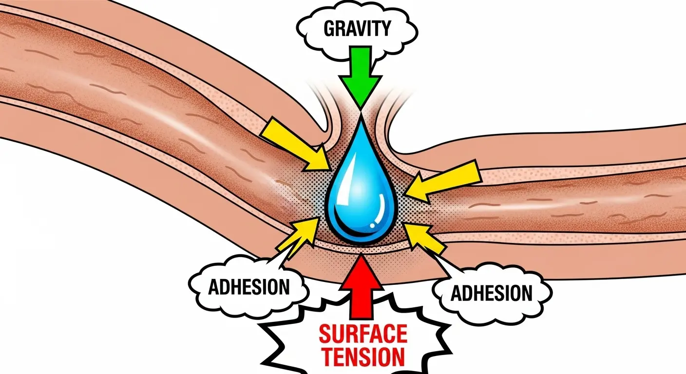 A stylized scientific diagram of the human ear canal, illustrating how a water droplet is trapped by the forces of surface tension and adhesion against the pull of gravity.