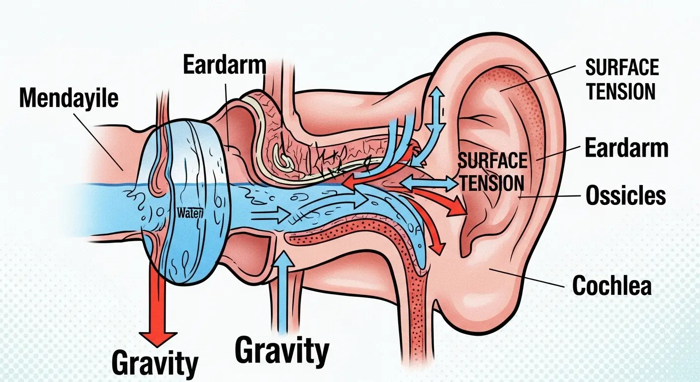 A scientific diagram showing the anatomy of the human ear, with water trapped inside and arrows indicating the forces of gravity and surface tension.