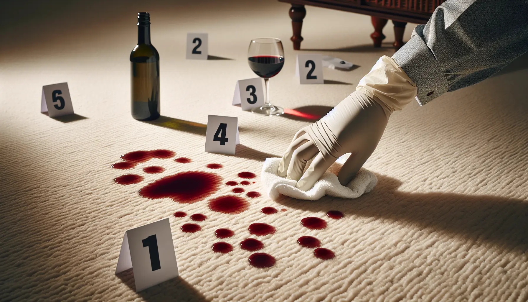 Close-up of a light carpet with a fresh red wine spill, marked by numbered evidence markers, as a gloved hand blots with a white cloth near a club soda bottle, captured in cinematic natural light.