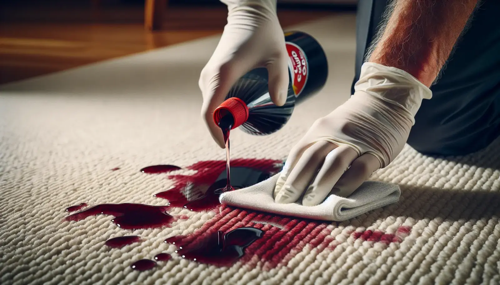 Close-up of hands blotting a fresh red wine spill on a light carpet using a white cloth and club soda during a forensic-style cleanup.